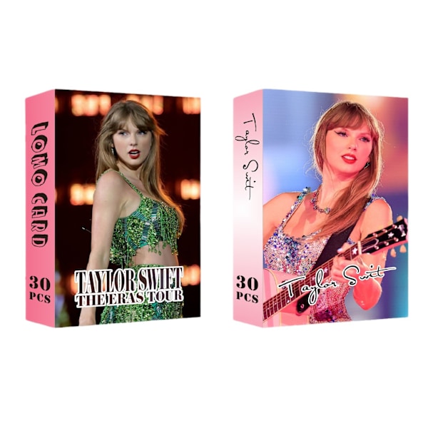 30 dobbeltsidede fotokort af Taylor Swift, der omgiver Taylor Swift HD-samlekort