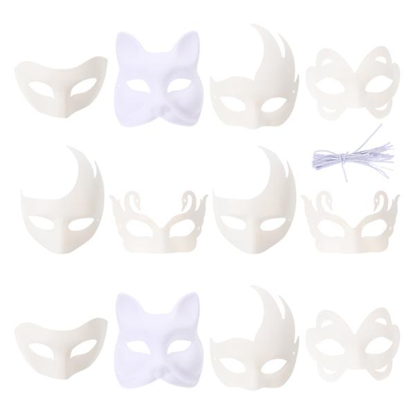 12 st Vita maskeradmasker oavslutade masker Halloween djurmasker Cosplay Kitsune Masker Fox Halloween Mask