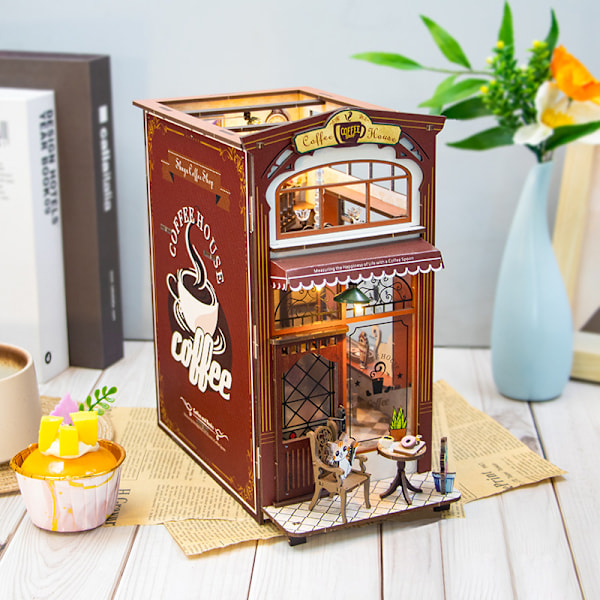 1-pakke Ny Cafe Cat Cafe Håndlavet DIY Bogstøtte Mini 3D Bygningsmodel Træ Snap Samling Puslespil Model Tre-dimensionelt Puslespil