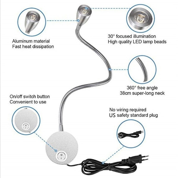 Slangvägg 360 grader justerbar och böjbar sängläsning praktisk och bekväm liten vägglampa LED-lampa
