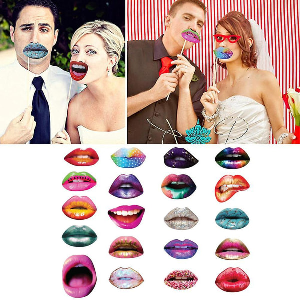 20 kpl Lips Photo Booth set, hauska värikäs Sexy Lips Mouth -valokuvarekvisiitta, tee itse-selfie-rekvisiitta syntymäpäiväosaan