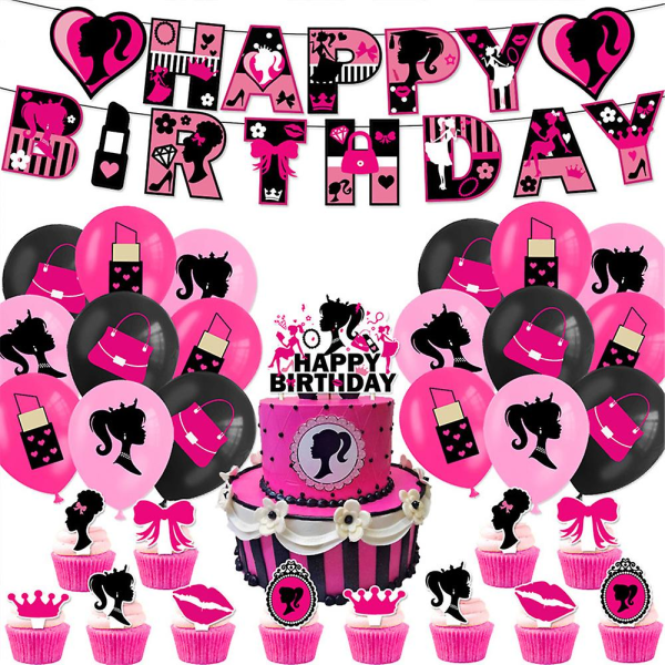 Barbie Movie Hot Pink Girl Fødselsdagsfest tilbehør til Inkluder ballonsæt, banner, kage topper, cupcake topper