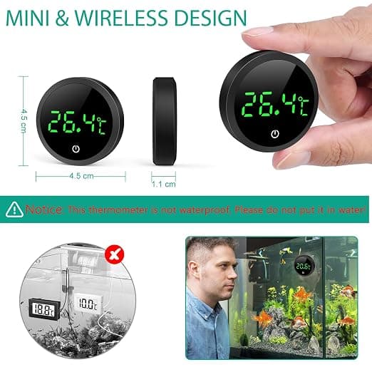 2-delt vandtermometer digitalt vandtemperaturmåler til akvarium, høj præcision med berøringsknapper, batteri til akvarium - sort