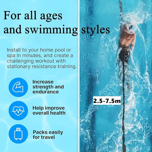 Svømmebælte til Pool 2,5-7,5M Svømmetræner, Svømmebælte med Bånd og Justerbar Rem, Svømmeøvelsesbælte til at Øge Styrke og Udholdenhed