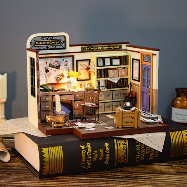 1-delad DIY-stuga 3D-pussel mini magisk detektivbyrå scen kreativ handgjord spänning resonemang modell, kreativ
