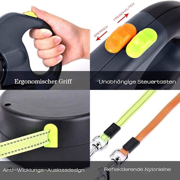 Dubbelt Hundkoppel, infällbart hundkoppel, trasselfri 360 justerbar rotation med reflex