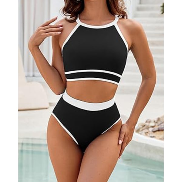 2024 Ny Européisk och Amerikansk Dam Baddräkt Hög Midja Bikini Set Enfärgad Sport Baddräkt Tvådelad Baddräkt (Svart) Storlek 2XL