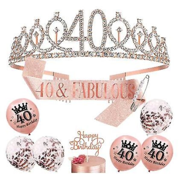 40-årspresenter för kvinnor, 40-års födelsedagsbälte och tiara kvinnor 40-årsdekorationer, tiara Rhinestone Crown, glitter sash, svart roséguld ballong