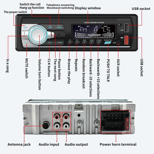 Dobbel USB bil MP3-spiller Bluetooth-samtale USB-kortleser Kule fargerike lys LCD-skjerm