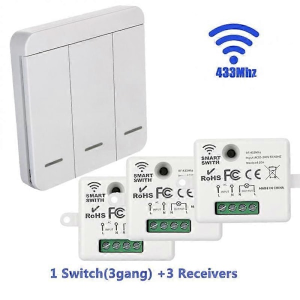 1/2/3-vägs trådlös väggströmbrytare RF 433Mhz Interruptor Ljusströmbrytare Fjärrkontroll 86 10A 110V 220V Mottagare för Lampa LED Fläkt