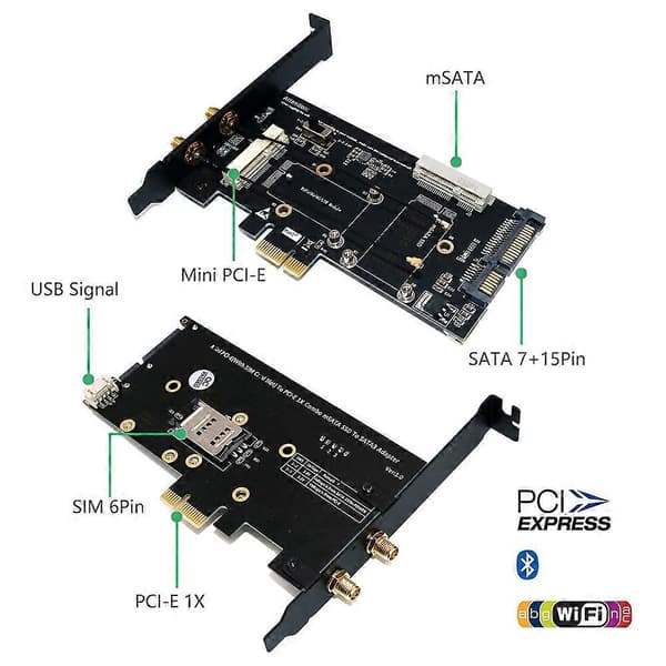 Mini PCI-E til PCI-E 1X Adapter med SIM-kortspor, MSATA SSD til SATA 3.0 Adapter 2 i 1 Konverter Ca