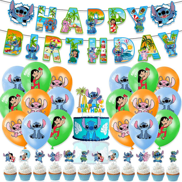 Stitch & Lilo Tillykke med fødselsdagen Dekorationer Tegnefilm tema balloner Kit Banner Kage Cupcake Toppers Festartikler