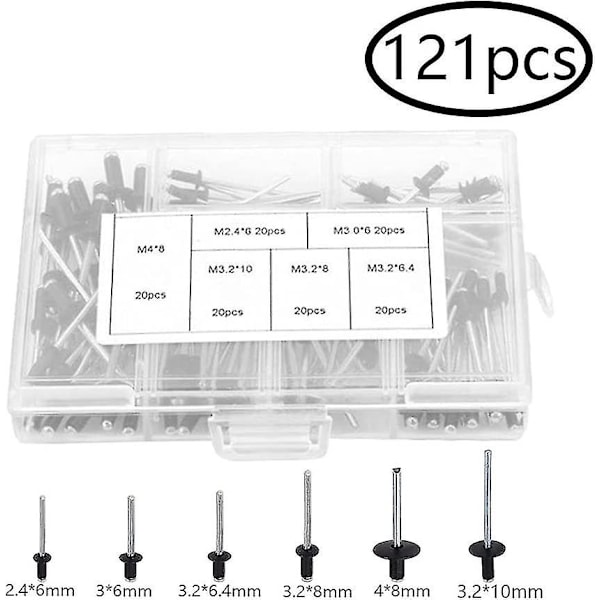 120 stk. sorte nagler Popnagler Aluminium Blindnagler Aluminium Flange Nagler Store Hovednagler Sorte Popnagler til Møbler Matchende Sæt M2.4 M3.0