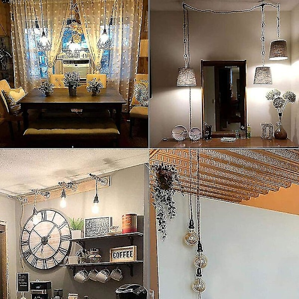 Gör-det-själv-hängande lampa med hamparep, textilkabel, hängande lampa 3e27 med strömbrytare och kontakt, retrolampa 9 meter kabel, lampa för matbord, kafé, Li