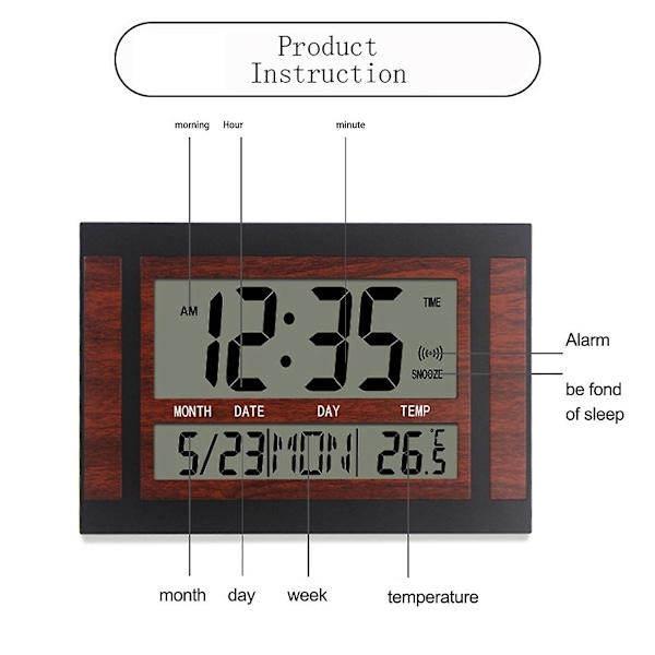Digital Väggklocka LCD Nummer Tid Temperatur Kalender Alarm Bordsklocka Modern Design Kontor
