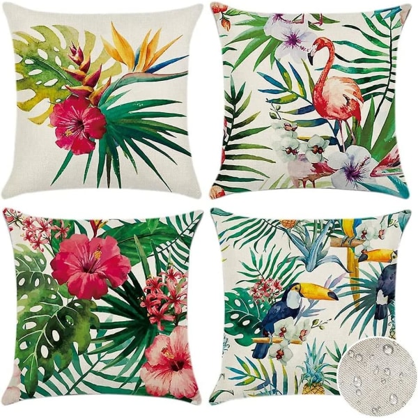 Cover för utomhusbruk , set med 4 vattentäta tropiska växter och blommor och fåglar Mönster Soffa Sängkuddar