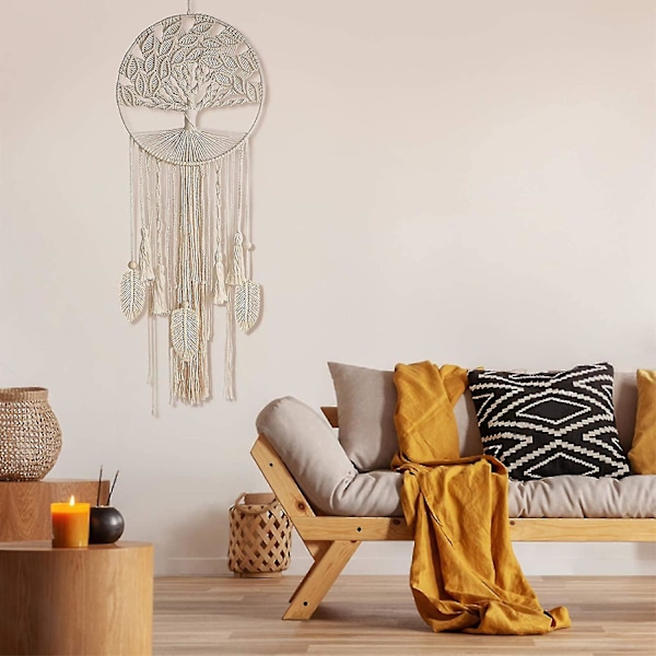 Livets Træ Stor Drømmefanger, Vægophængt Drømmefanger Med Fjerblad Vævet Boho Drømmefangere Til Hjem Soveværelse Børneværelse Vuggestue Hippie Bryllup