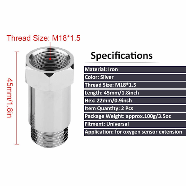 O2-sensorafstandsholder, iltsensorafstandsholder, 2 stk. 45 mm M18 1,5 Check Engine Light Eliminator Adapter