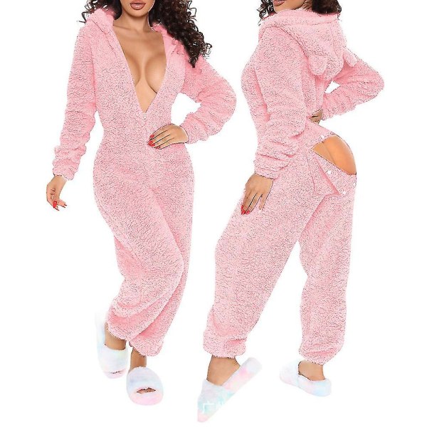 3d Jumpsuit med hætte og hætte til hjemmebrug Pyjamas Højtaljeklap Funktionelle Fluffy Lounge Jumpsuits Overalls ensfarvet
