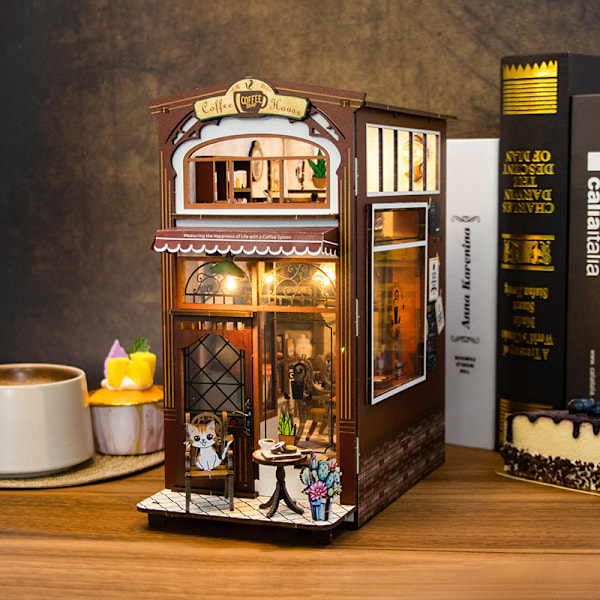 1-pakke Ny Cafe Cat Cafe Håndlavet DIY Bogstøtte Mini 3D Bygningsmodel Træ Snap Samling Puslespil Model Tre-dimensionelt Puslespil