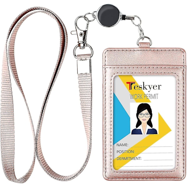 Card Holder With Retractable Lanyard, Badge Holder With Clear Window And Holds 2 Cards, Pu Leather, Vertical Card Holder For Id Cards, Offices, School