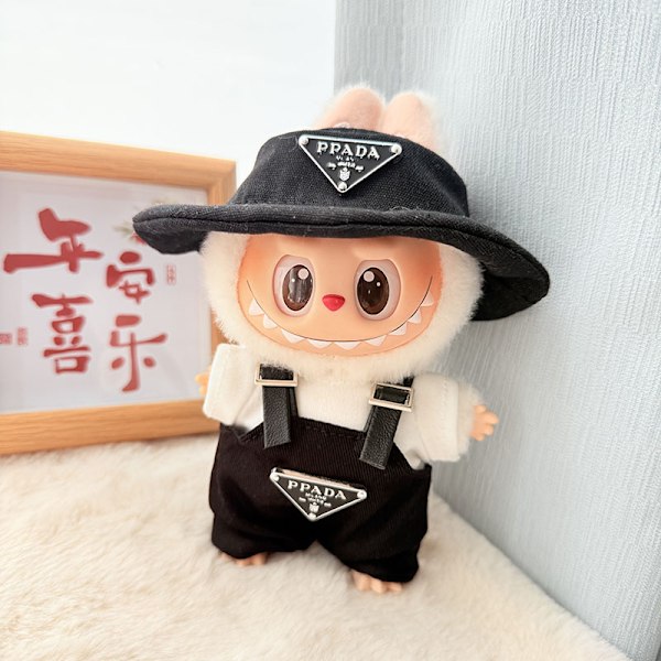 Inverterade triangeloveraller + PPD-hatt + liten vit T-shirt, (endast kläder) 17 cm hänge blind box macaron Labubu Labubu Time to chill dockkläder