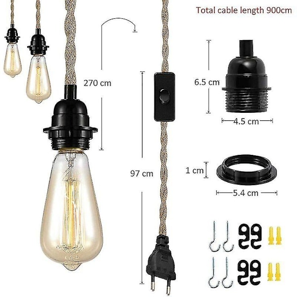 DIY Hengelampe med hamptau, tekstilkabel, 3E27-lampe med bryter og støpsel, retrolampe 9 meter kabel, lampe for spisebord, kafé, Li