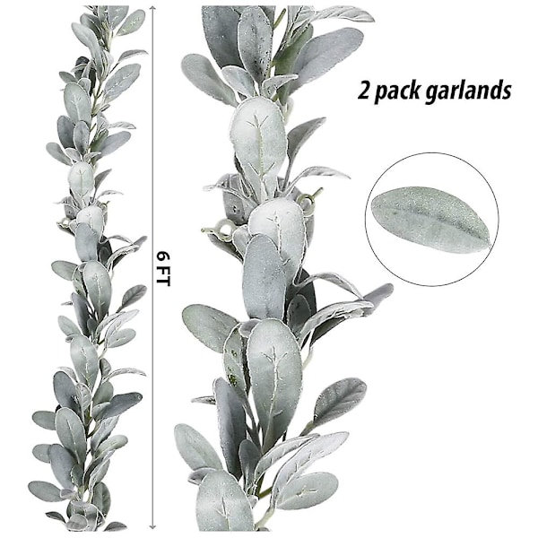 2 st Konstgjord Lammöron Girlang - 1,8 m/styck Mjuk Faux Vinranka Grönska och Blad för Framh
