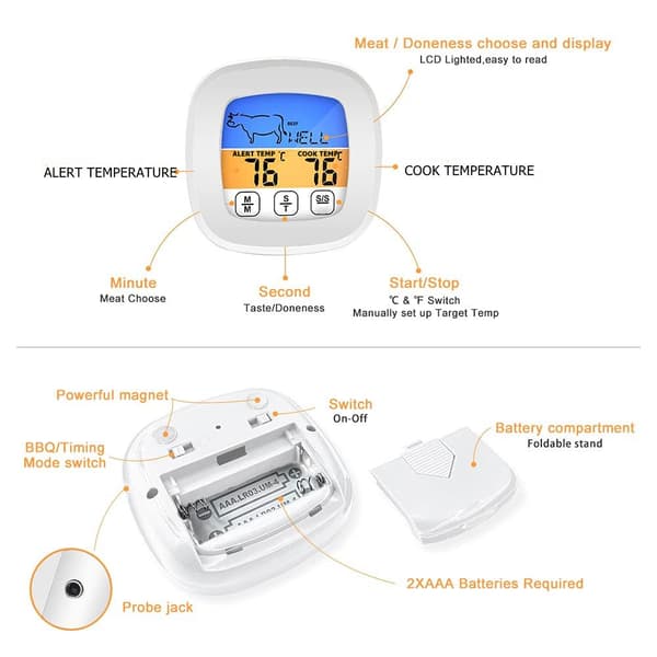 Elektronisk grilltermometer timer touch grilltermometer køkken farveskærm madtermometer kød alarm