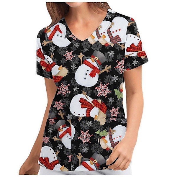 Kortermet T-skjorte for kvinner Juleprint Uniform Sykepleier Scrub Lommetopper, S