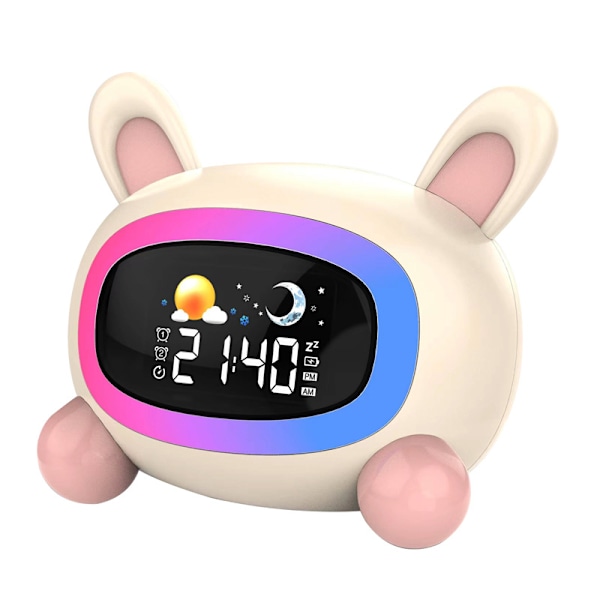 Børnealarmur, pædagogisk dag/nat lysende digital LED snooze lysalarmur, 5 farver, 7 melodier, kanin