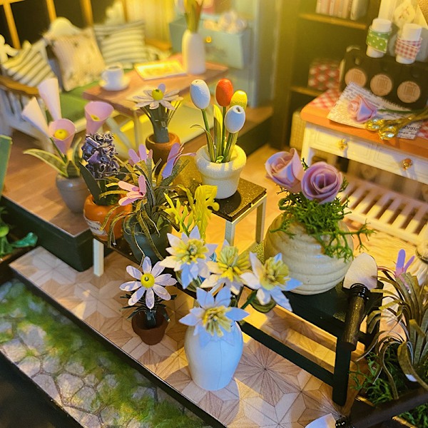 1-pack dubbeldäckarvilla trädgårdshus mini 3D byggnad DIY handgjord dockhus monterat blomhus