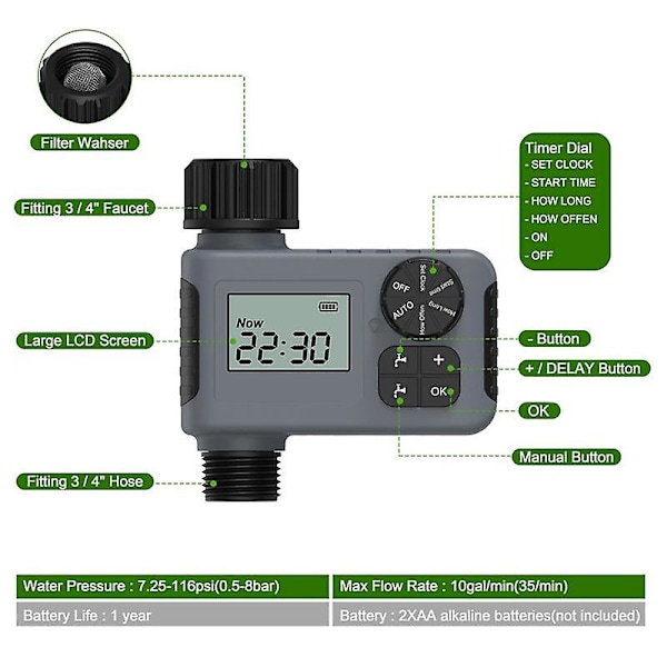 Stor skærm display smart vandingstimer havevandingscontroller batteridrevet vandtæt Gar