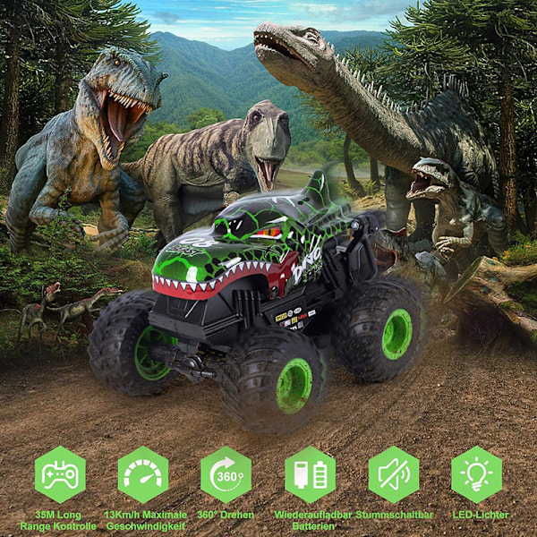 T201 musikklys fjernstyrt stuntbil 360 graders rotasjon monstertruck dinosaurhode haihode lekebil for barn