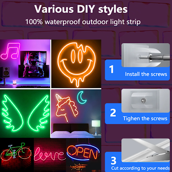 LED-neonljus i silikon, flexibelt, DIY-form, RGB-ljusremsa, graffiti, Bluetooth-upphämtning, USB-spel, dekorativ atmosfärsbelysning
