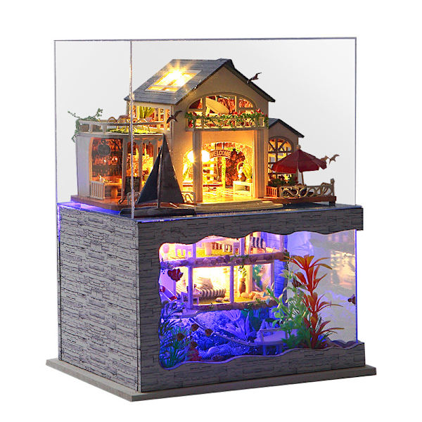 Impression Hawaii DIY stuga vid havet villa rum modell handmonterad träleksak present, kreativt pussel