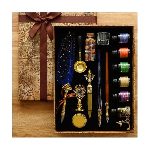 16 stk Antik fjer Dip Pen Kit Retro træ Dip Pen Sæt Klassisk voksforseglings stempelsæt til Calligrap