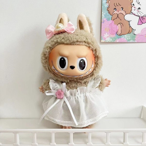 Rosa knapp vit gasa kjol, (endast kläder) 17cm hänge blindbox macaron Labubu Labubu Time to chill dockkläder