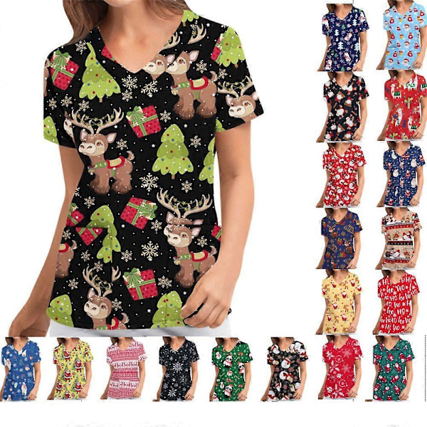 Kortermet T-skjorte for kvinner Juleprint Uniform Sykepleier Scrub Lommetopper, S