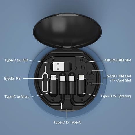 Multifunktionellt laddningsset | Lightning till USB-C-adapter, Micro USB-kabel, bärbart fodral med SIM-utmatningsstift