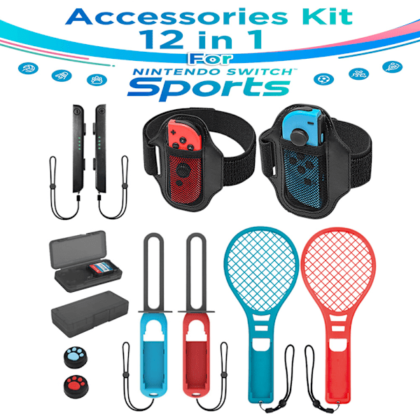 Switch Sports 12-i-1 bevegelsessensorspillsett NS OLED lyssabel håndleddsstropp benstropp tennisracket