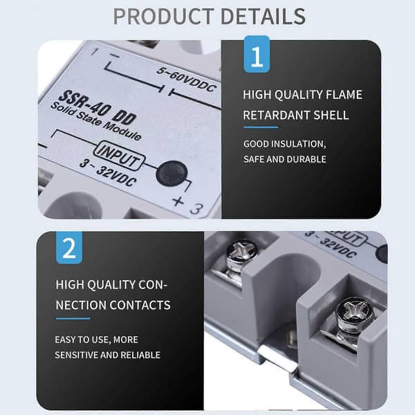 Enfaset Solid State Relé DC-DC -40DD 40A Hvit + Sølv