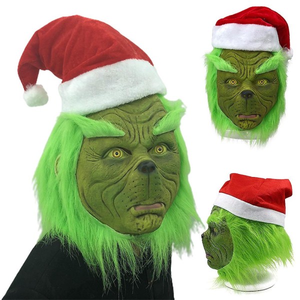 Christmas The Grinch Cosplay Fuldhoved Latex Maske Med paryk Julehat Xmas Monster Hovedbeklædning Fest Kostume Rekvisitter