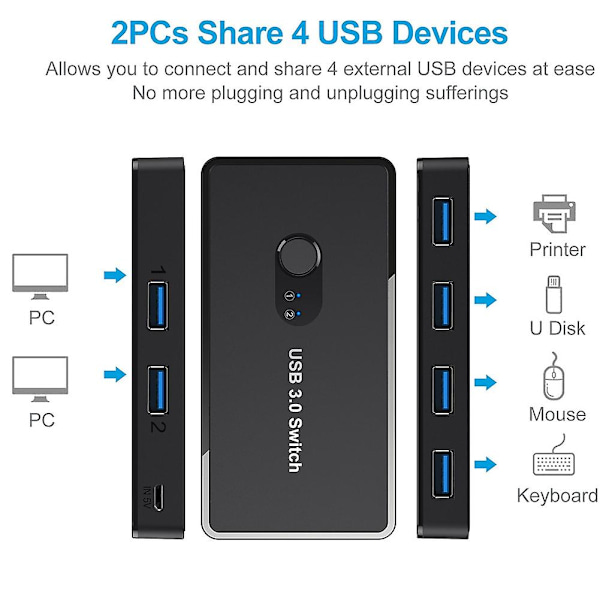 USB3.0-kytkin, jakaja, tulostinjakolaite, 4-porttinen USB tietokoneelle/hiirelle/näppäimistölle jakaminen 2 i