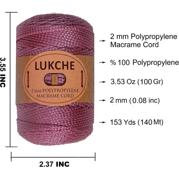 Lukche 2 mm Macrame Cord (3 härvor) Premium 100 % polypropen (3x153 Yards) Polyesterrep, färgglad garnvirkad