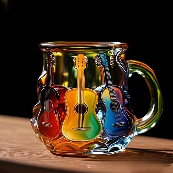 3D Gitarr Kaffemugg, Färgglad Musikalisk Design Glasmugg, Musikälskare Samlarobjekt Gåva 3D Gitarr Kaffemugg