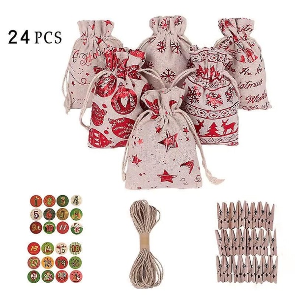 24 joululahjapussia joulupussi täytettävät kangaskassit lahjapussit numerolapuilla ja 24 puisella pidikkeellä