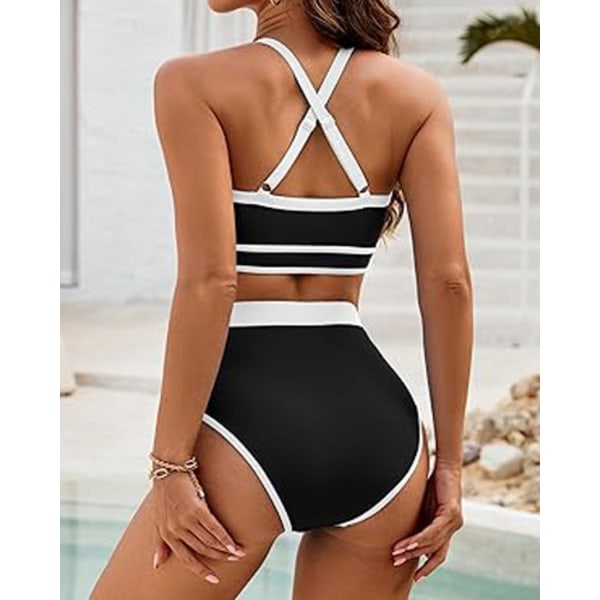 2024 Ny Européisk och Amerikansk Dam Baddräkt Hög Midja Bikini Set Enfärgad Sport Baddräkt Tvådelad Baddräkt (Svart) Storlek 2XL