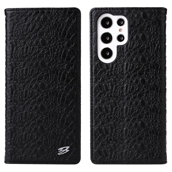 Fierre Shann til Samsung Galaxy S23 Ultra Wallet Stand Telefon Case Crocodile Texture ægte ko læder telefon