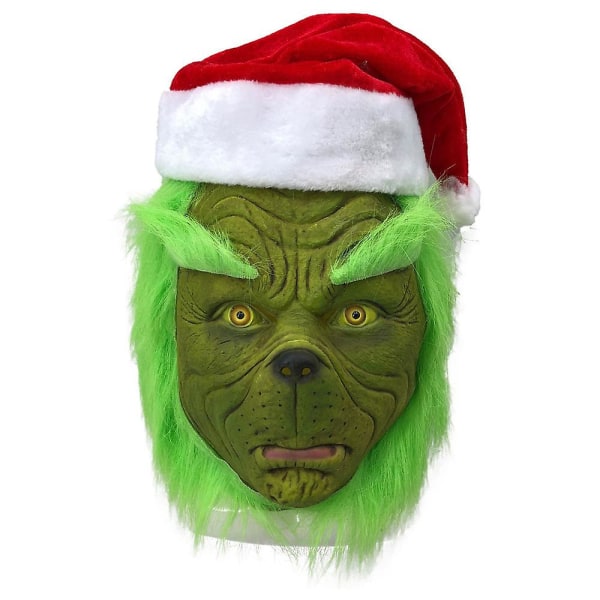 Christmas The Grinch Cosplay Full Head Latex Mask Med Peruk Tomtehatt Xmas Monster Huvudbonader Fest Kostym rekvisita